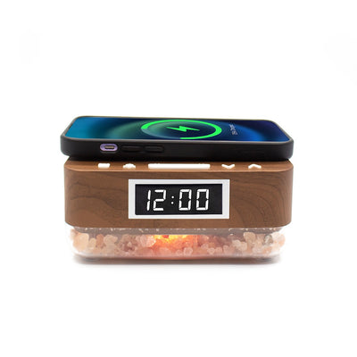 Alarm Clock Wireless Charger with Himalayan Salt Base + 3 Level LED Lamp - Brown