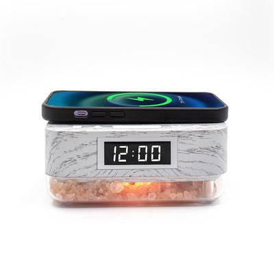 Alarm Clock Wireless Charger with Himalayan Salt Base + 3 Level LED Lamp - Grey