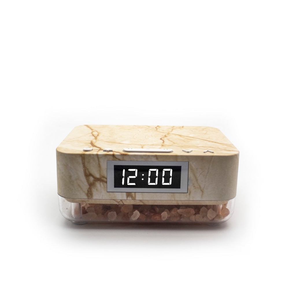Alarm Clock Wireless Charger with Himalayan Salt Base + 3 Level LED Lamp - Marble Beige