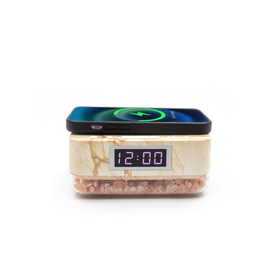 Alarm Clock Wireless Charger with Himalayan Salt Base + 3 Level LED Lamp - Marble Beige