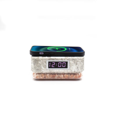 Alarm Clock Wireless Charger with Himalayan Salt Base + 3 Level LED Lamp - Marble Grey
