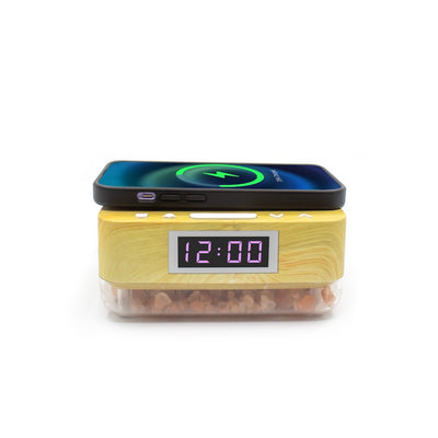 Alarm Clock Wireless Charger with Himalayan Salt Base + 3 Level LED Lamp - Wood