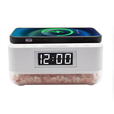 Alarm Clock Wireless Charger with Himalayan Salt Base + 3 Level LED Lamp - White