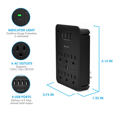 Surge Multi Charging Station with 6 Outlets & 4 USB Ports - Black
