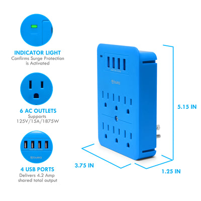 Surge Multi Charging Station with 6 Outlets & 4 USB Ports - Blue
