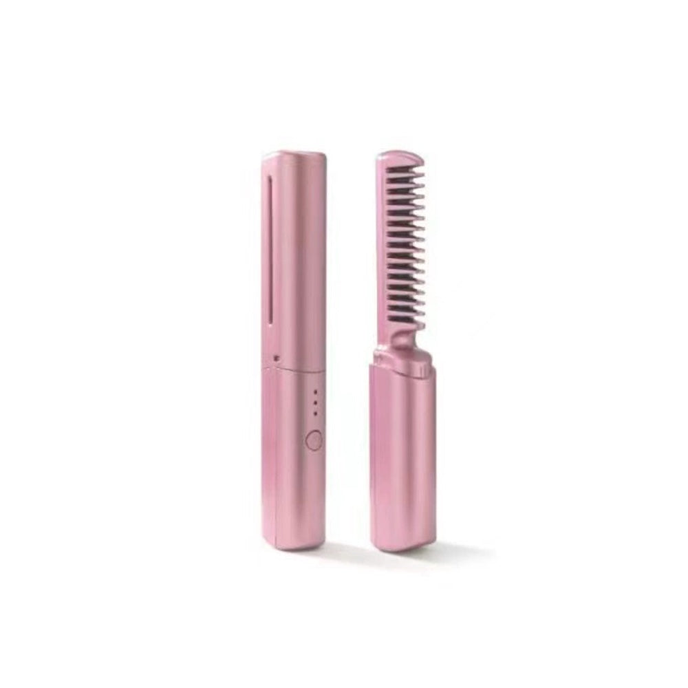 2 In 1 Wireless Hair Straightening Comb And Curling Iron - ROSE PINK