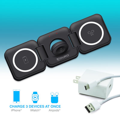 PowerUp Trinity 3 in 1 Wireless Charging Station for iPhone AirPods & iWatch - BLACK