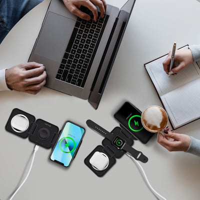 PowerUp Trinity 3 in 1 Wireless Charging Station for iPhone AirPods & iWatch - BLACK