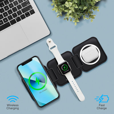 PowerUp Trinity 3 in 1 Wireless Charging Station for iPhone AirPods & iWatch - BLACK