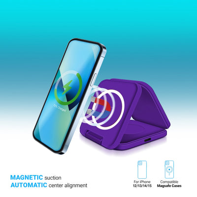 PowerUp Trinity 3 in 1 Wireless Charging Station for iPhone AirPods & iWatch - PURPLE
