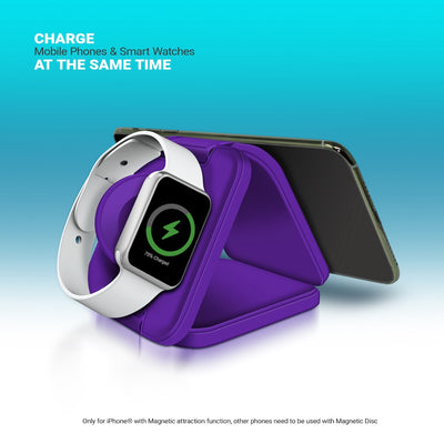 PowerUp Trinity 3 in 1 Wireless Charging Station for iPhone AirPods & iWatch - PURPLE