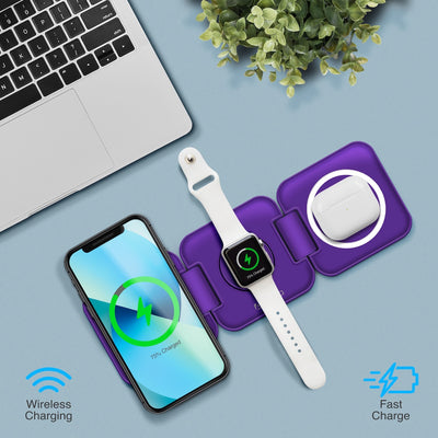 PowerUp Trinity 3 in 1 Wireless Charging Station for iPhone AirPods & iWatch - PURPLE