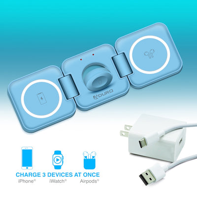 PowerUp Trinity 3 in 1 Wireless Charging Station for iPhone AirPods & iWatch - BLUE