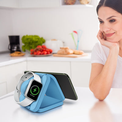 PowerUp Trinity 3 in 1 Wireless Charging Station for iPhone AirPods & iWatch - BLUE