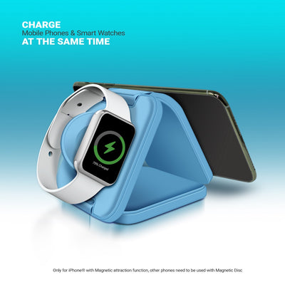 PowerUp Trinity 3 in 1 Wireless Charging Station for iPhone AirPods & iWatch - BLUE
