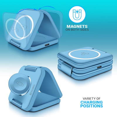 PowerUp Trinity 3 in 1 Wireless Charging Station for iPhone AirPods & iWatch - BLUE
