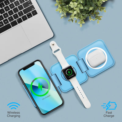 PowerUp Trinity 3 in 1 Wireless Charging Station for iPhone AirPods & iWatch - BLUE