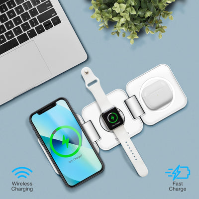 PowerUp Trinity 3 in 1 Wireless Charging Station for iPhone AirPods & iWatch - WHITE