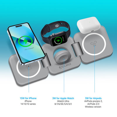 PowerUp Trinity 3 in 1 Wireless Charging Station for iPhone AirPods & iWatch - GRAY