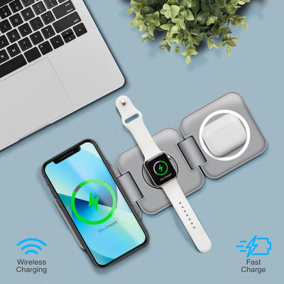 PowerUp Trinity 3 in 1 Wireless Charging Station for iPhone AirPods & iWatch - GRAY