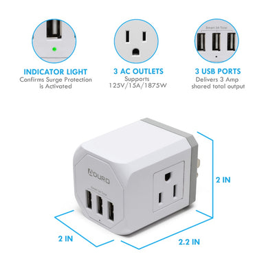 PowerUp Squared 3 Outlet & 3 USB Charging Station - WHITE