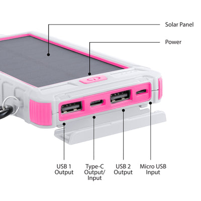 Solar 10,000mAh Dual USB Backup Battery - Pink