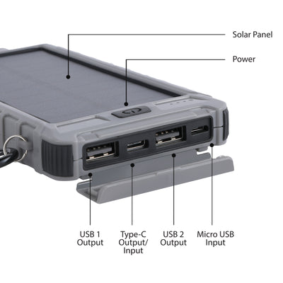 Solar 10,000mAh Dual USB Backup Battery - Grey