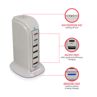 Power Tower Multi Port Charging Station - Grey